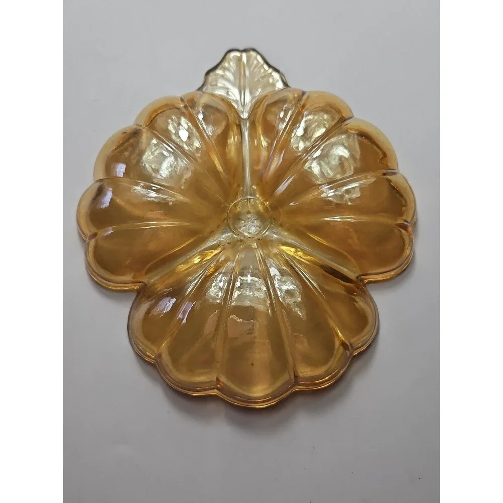 VTG Depression Carnival Glass Iridescent Marigold Gold 3 Leaf Clover Candy Dish